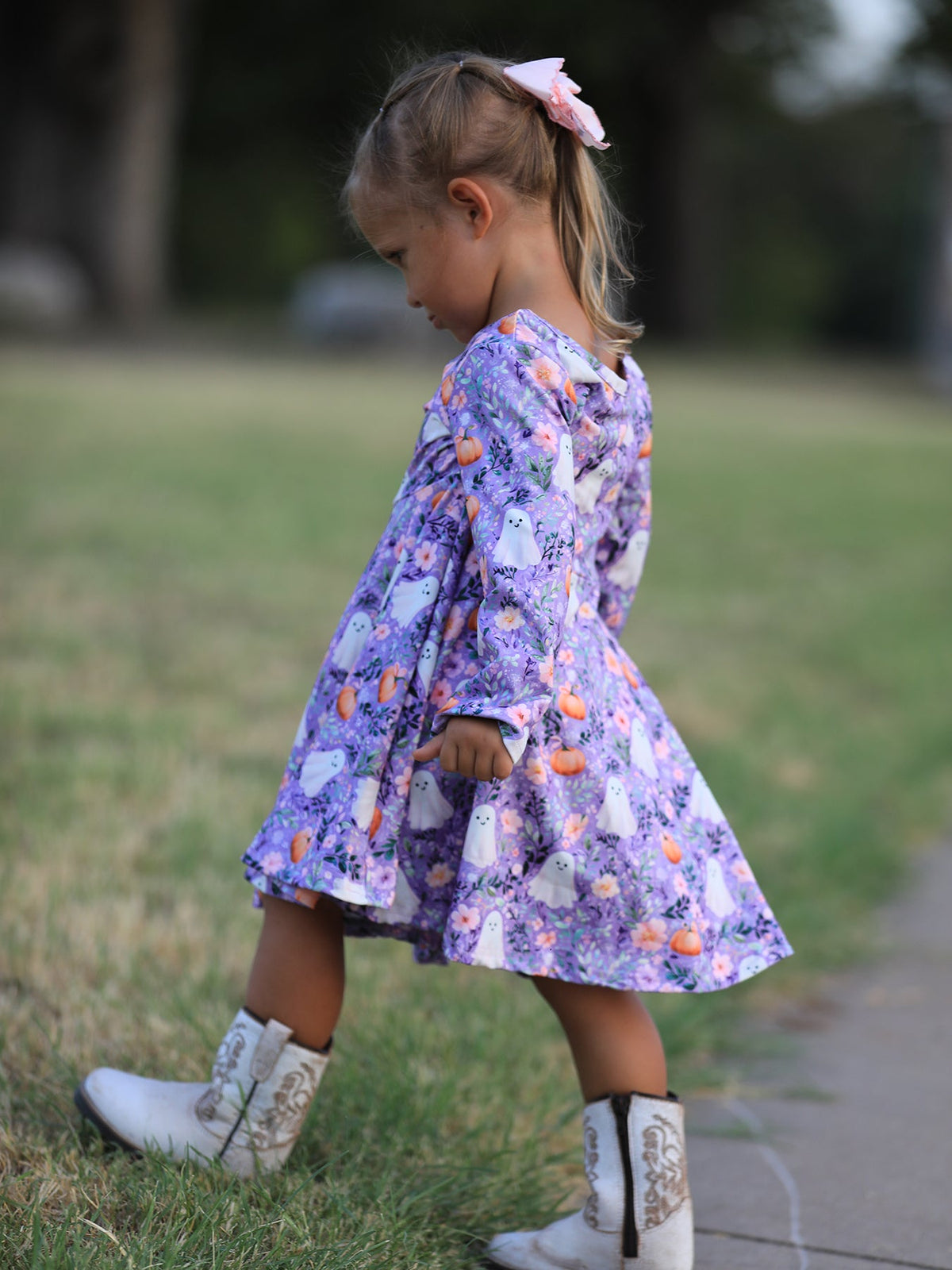 Halloween Ghost Pumpkin Girls Long Sleeve Twirl Dress - Rylee Faith Designs - Flyclothing LLC