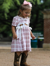 Western Horse Embroidered Smocked Plaid Girls Dress