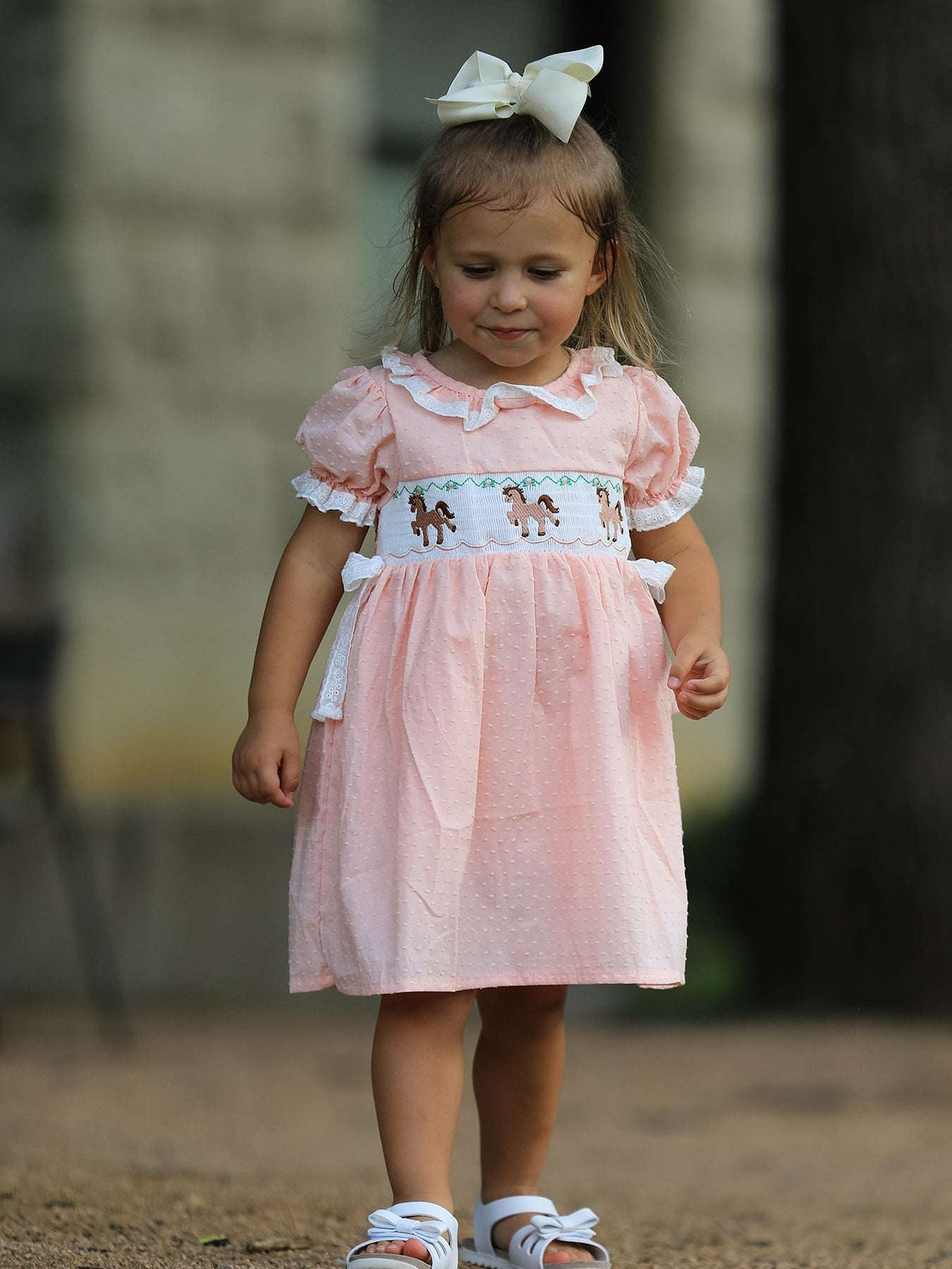 Western Horse Embroidery Girls Dress Lace Petals Collar Puff Sleeve - Rylee Faith Designs - Flyclothing LLC