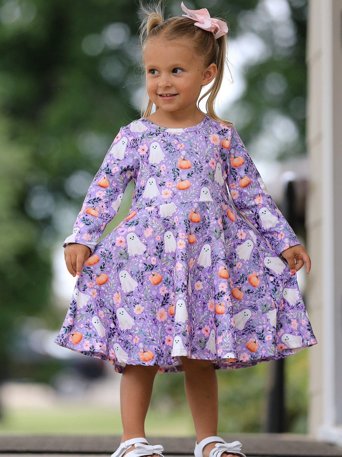 Halloween Ghost Pumpkin Girls Long Sleeve Twirl Dress - Rylee Faith Designs - Flyclothing LLC