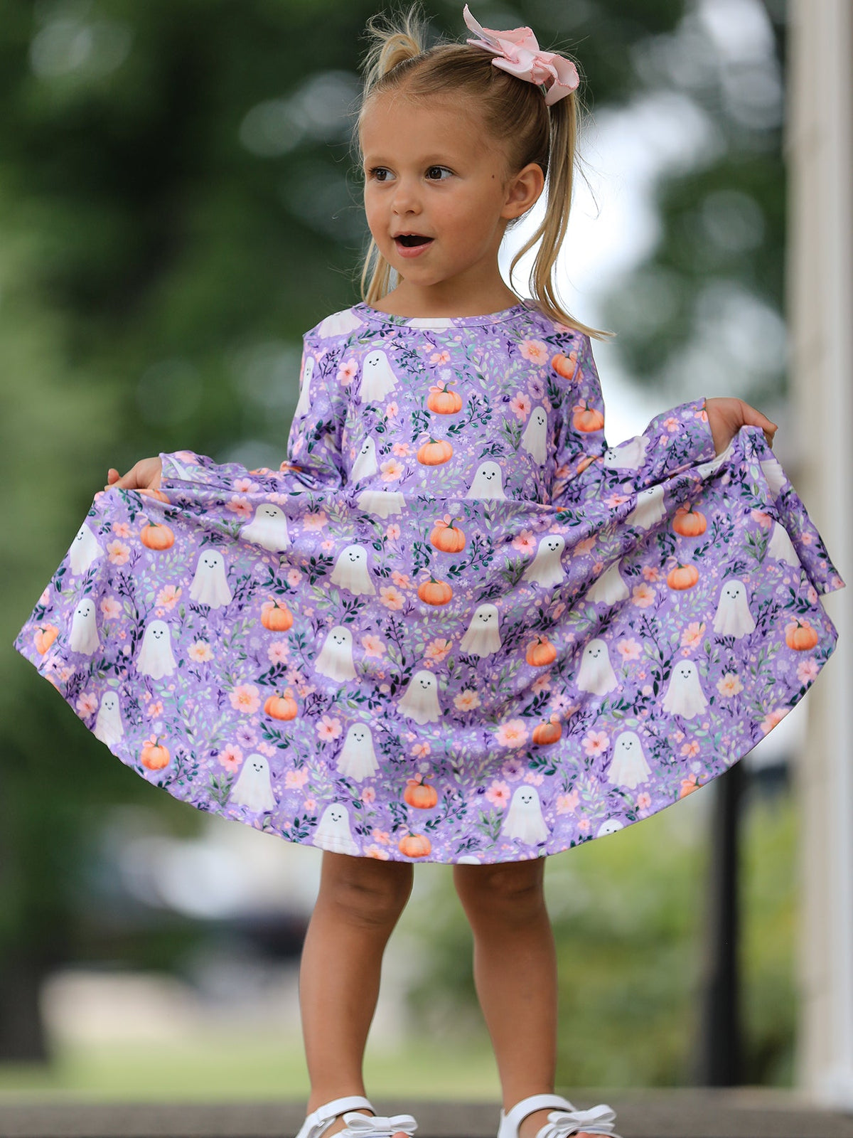 Halloween Ghost Pumpkin Girls Long Sleeve Twirl Dress - Rylee Faith Designs - Flyclothing LLC