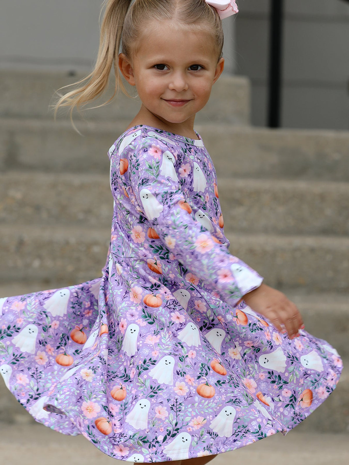 Halloween Ghost Pumpkin Girls Long Sleeve Twirl Dress - Rylee Faith Designs - Flyclothing LLC