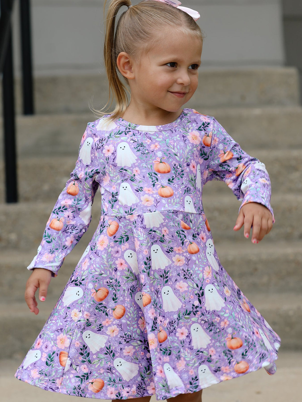 Halloween Ghost Pumpkin Girls Long Sleeve Twirl Dress - Rylee Faith Designs - Flyclothing LLC