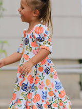 Halloween Pumpkin Print Girls Ruffle Hem Dress