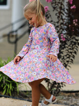 Fall Vintage Floral Print Girls Long Sleeve Twirl Dress
