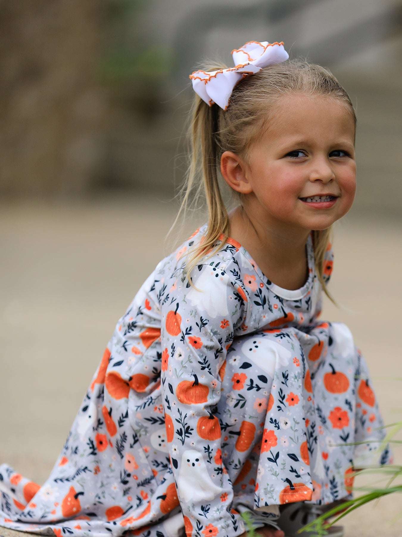 Halloween Pumpkin Ghost Girls Dress Long Sleeve Twirl Dress