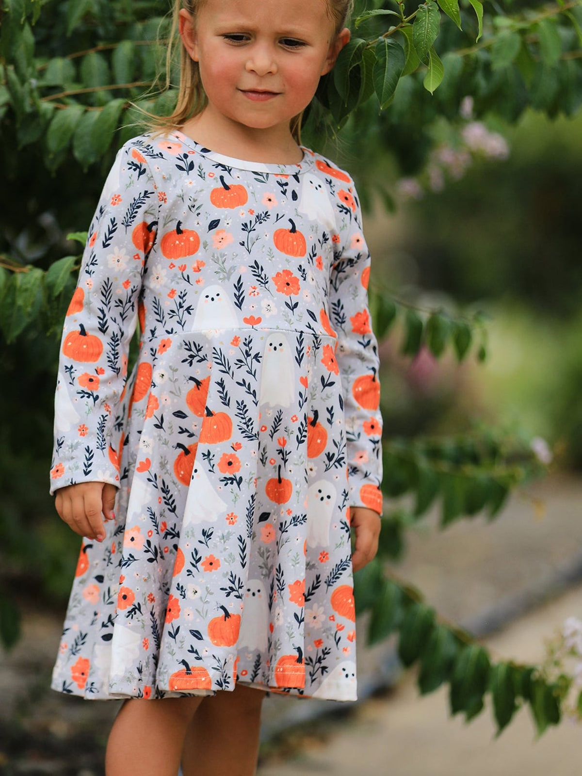 Halloween Pumpkin Ghost Girls Dress Long Sleeve Twirl Dress - Rylee Faith Designs - Flyclothing LLC