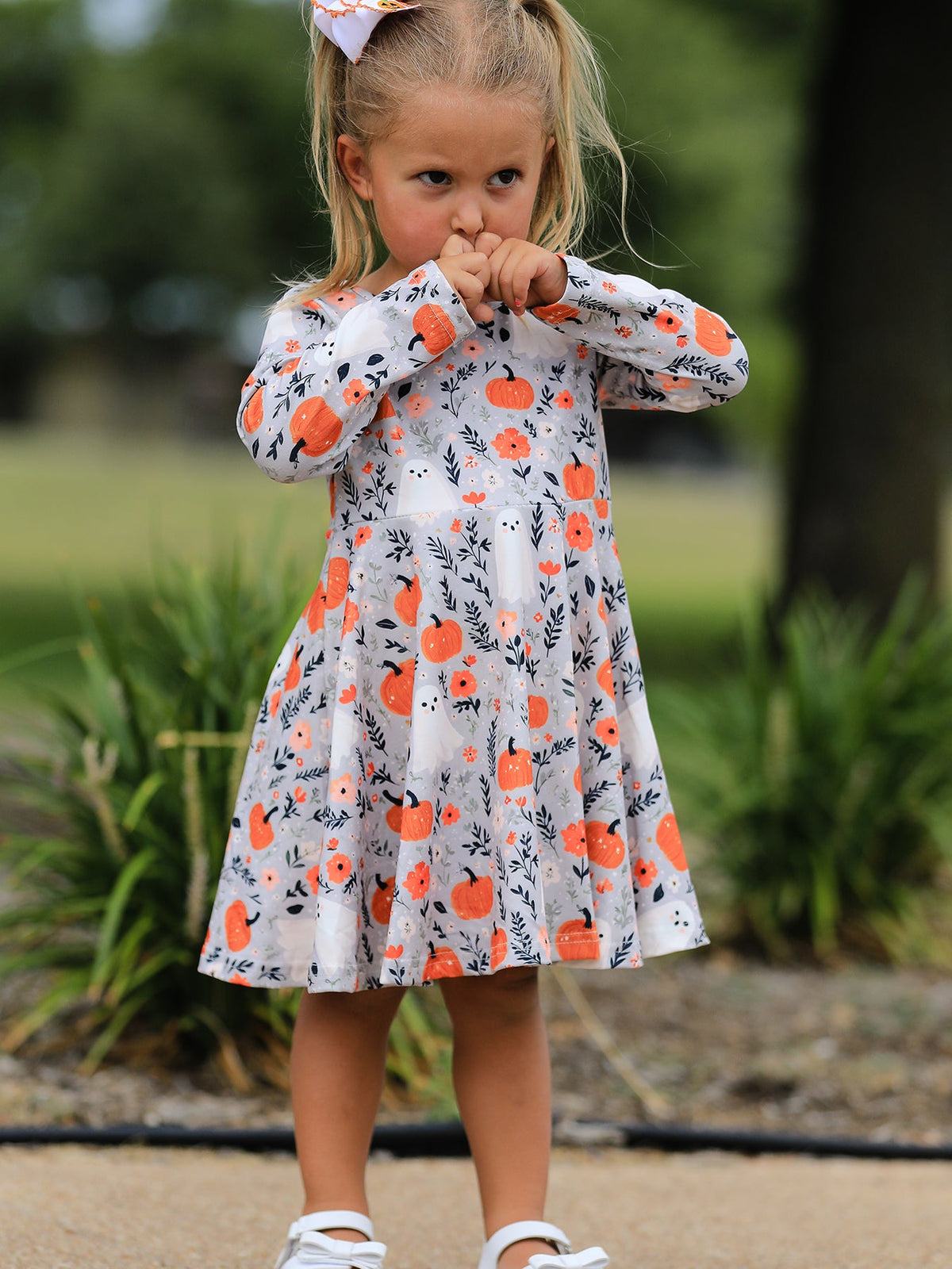 Halloween Pumpkin Ghost Girls Dress Long Sleeve Twirl Dress - Rylee Faith Designs - Flyclothing LLC