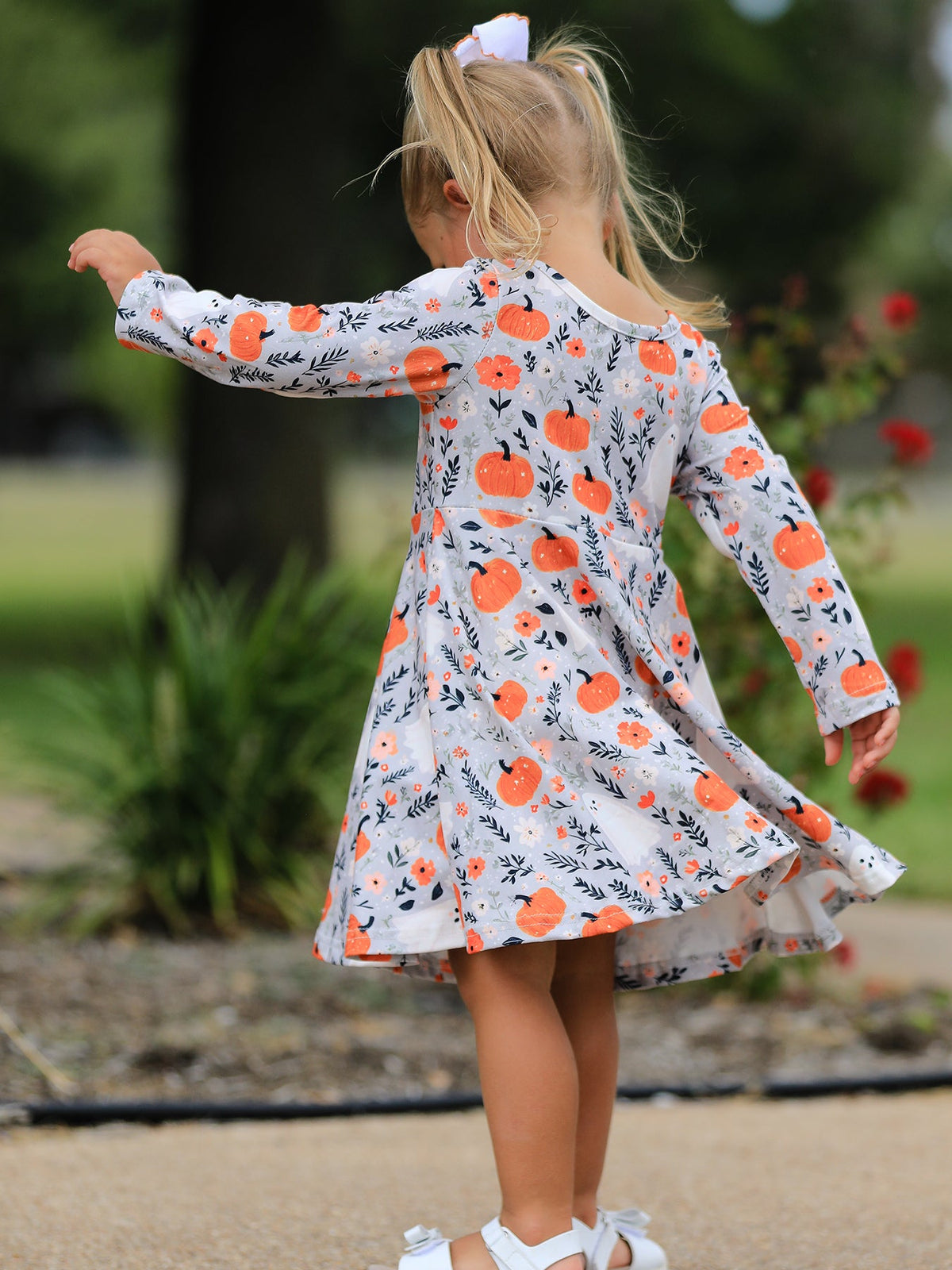 Halloween Pumpkin Ghost Girls Dress Long Sleeve Twirl Dress - Rylee Faith Designs - Flyclothing LLC