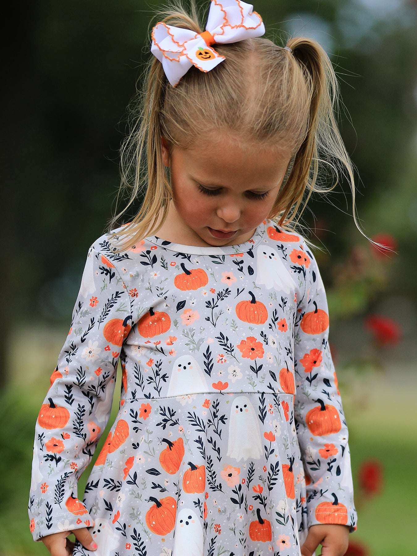 Halloween Pumpkin Ghost Girls Dress Long Sleeve Twirl Dress