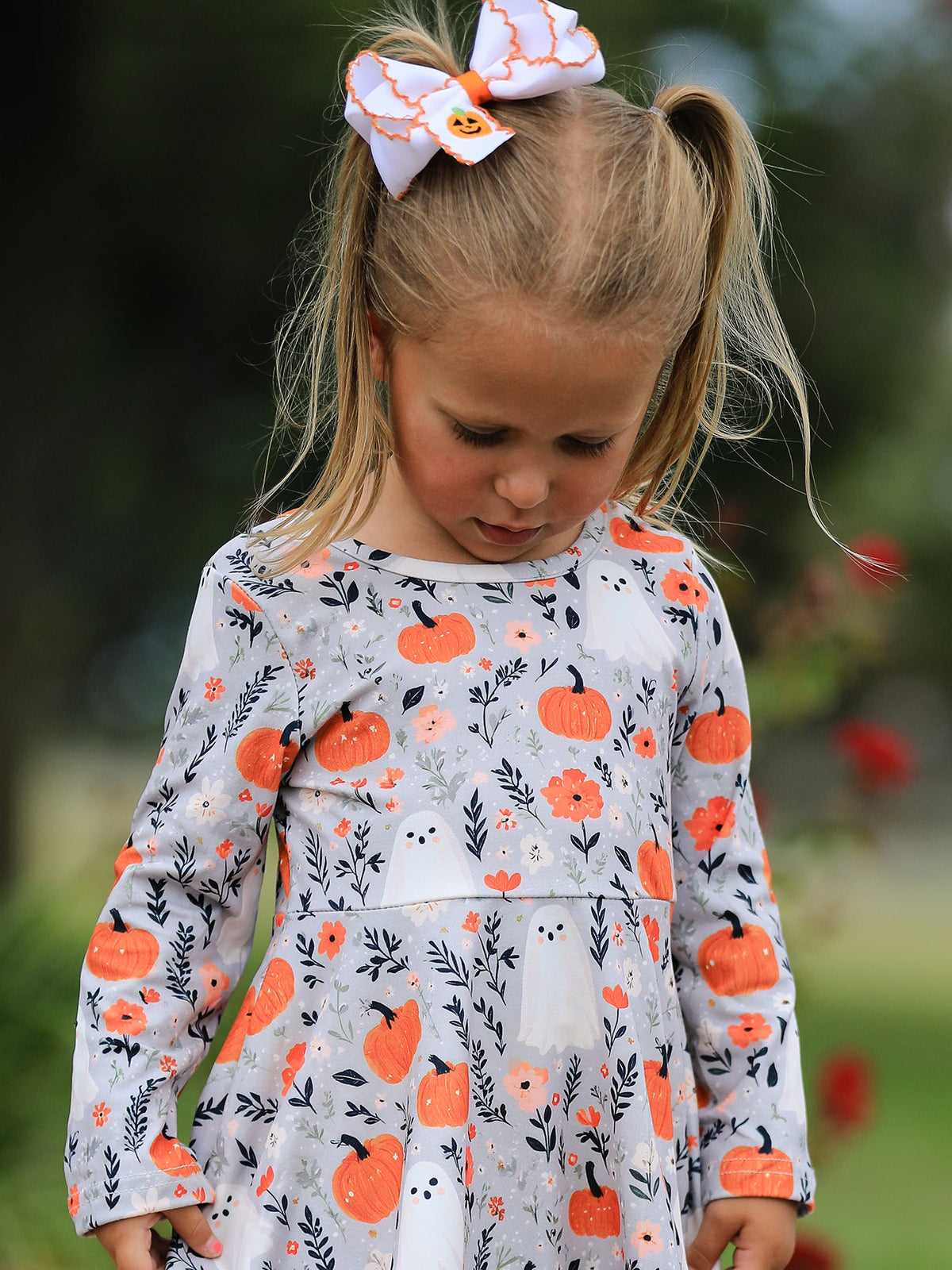 Halloween Pumpkin Ghost Girls Dress Long Sleeve Twirl Dress - Rylee Faith Designs - Flyclothing LLC