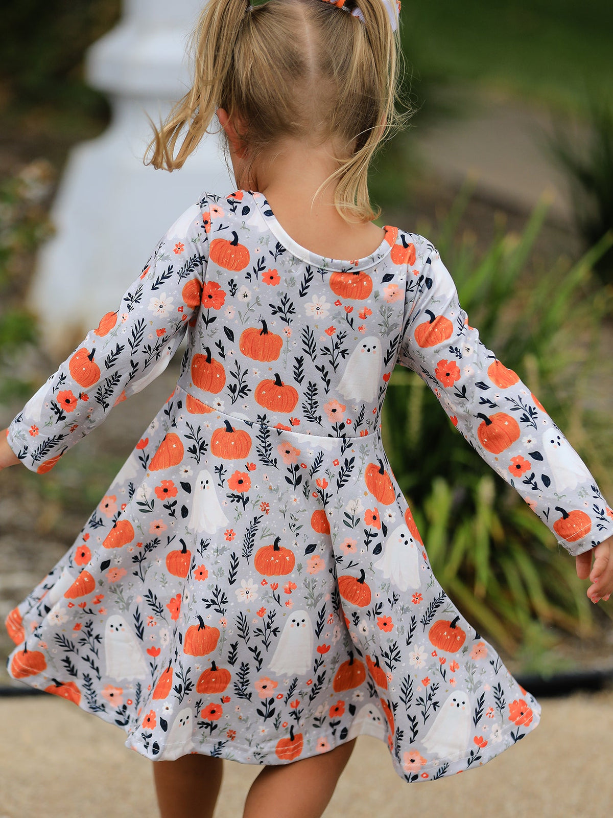 Halloween Pumpkin Ghost Girls Dress Long Sleeve Twirl Dress - Rylee Faith Designs - Flyclothing LLC