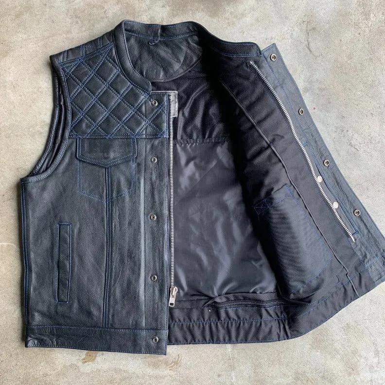 Blue Diamond - Men's Premium Leather Motorcycle Vest - Unik Just for Bikers - Flyclothing LLC