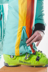 The Midday Aprés | Teal and Orange Retro Stripe One Piece Ski Suit - Shinesty
