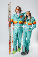 The Midday Aprés | Teal and Orange Retro Stripe Women's One Piece Ski Suit - Shinesty