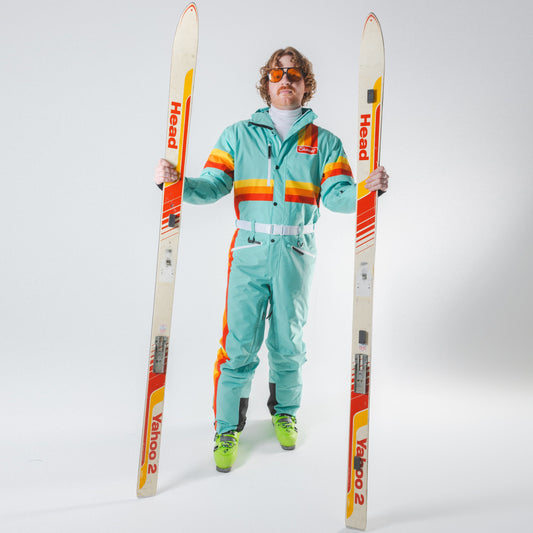 The Midday Aprés | Teal and Orange Retro Stripe One Piece Ski Suit - Shinesty