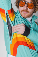 The Midday Aprés | Teal and Orange Retro Stripe One Piece Ski Suit - Shinesty