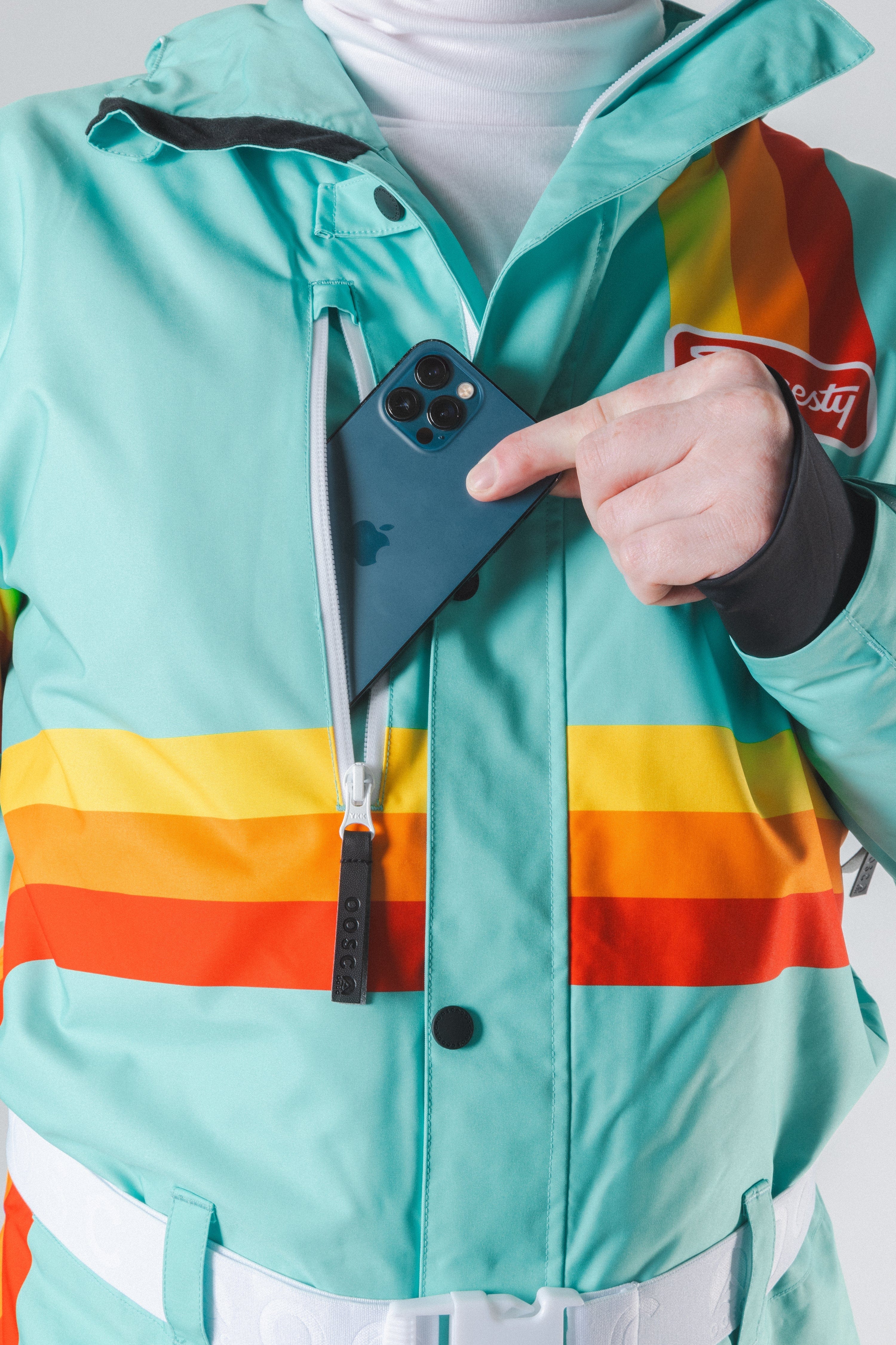 The Midday Aprés | Teal and Orange Retro Stripe One Piece Ski Suit - Shinesty