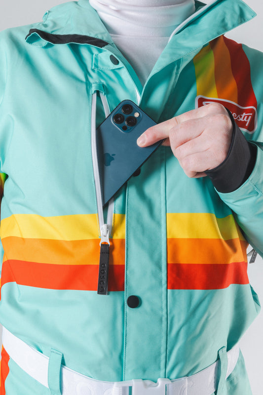 The Midday Aprés | Teal and Orange Retro Stripe One Piece Ski Suit - Shinesty
