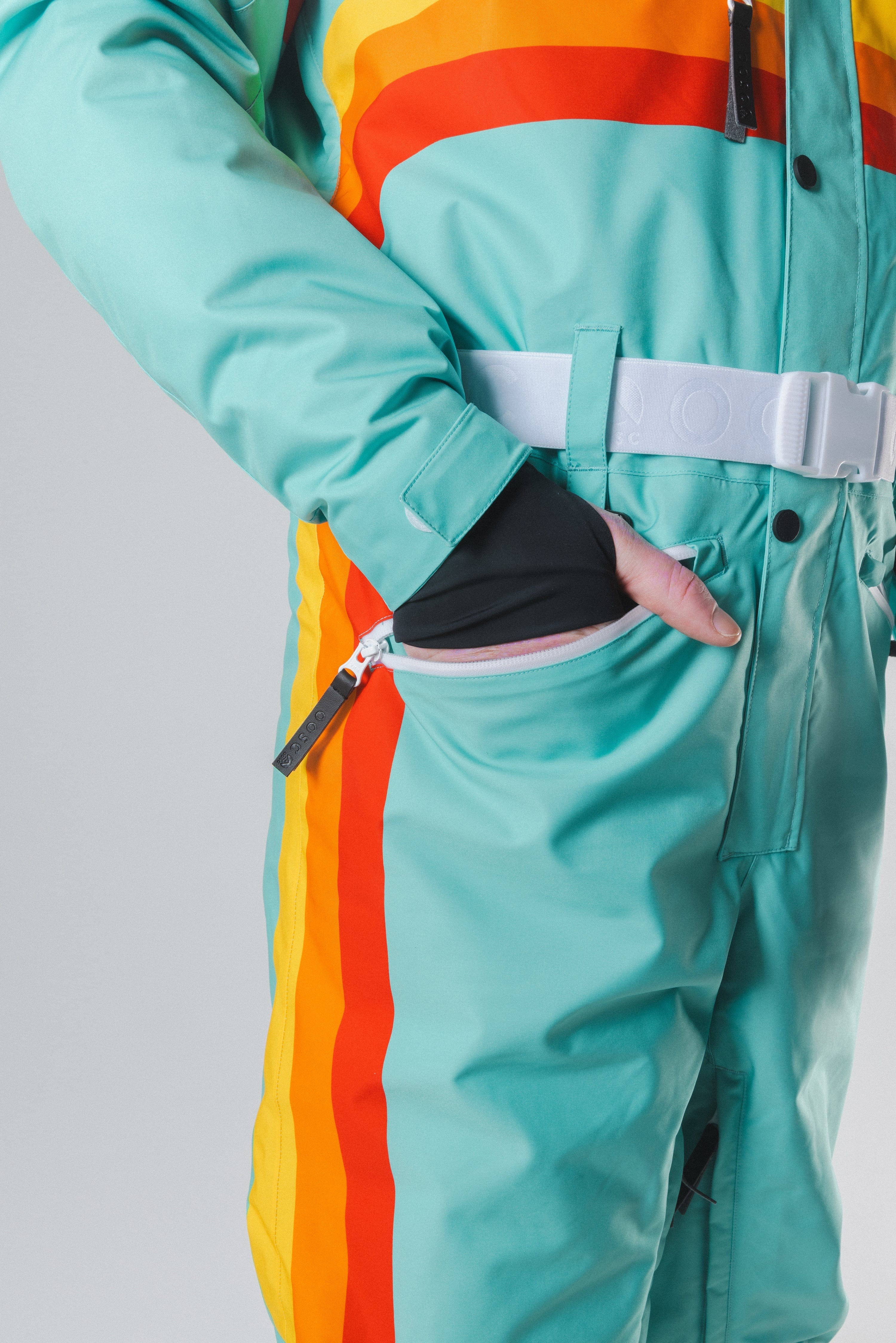 The Midday Aprés | Teal and Orange Retro Stripe One Piece Ski Suit - Shinesty