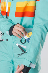 The Midday Aprés | Teal and Orange Retro Stripe Women's One Piece Ski Suit - Shinesty