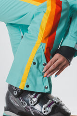 The Midday Aprés | Teal and Orange Retro Stripe Women's One Piece Ski Suit - Shinesty