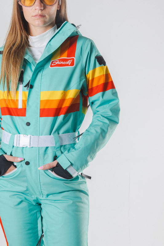 The Midday Aprés | Teal and Orange Retro Stripe Women's One Piece Ski Suit - Shinesty