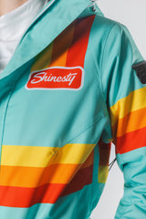 The Midday Aprés | Teal and Orange Retro Stripe Women's One Piece Ski Suit - Shinesty
