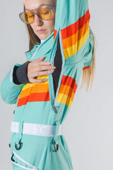 The Midday Aprés | Teal and Orange Retro Stripe Women's One Piece Ski Suit - Shinesty