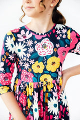 Midnight Floral 3/4 Sleeve Pocket Twirl Dress - Mila & Rose ® - Flyclothing LLC