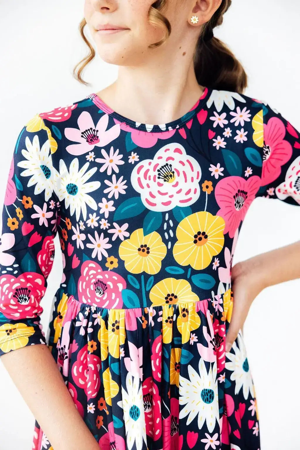Midnight Floral 3/4 Sleeve Pocket Twirl Dress - Mila & Rose ® - Flyclothing LLC