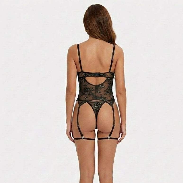 Midnight Radiance Rhinestone Lace Bodysuit - Lingerie By Coco - Flyclothing LLC
