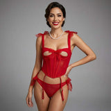 Midnight Tease Bow Corset 2 Piece Lingerie Set - Lingerie By Coco - Flyclothing LLC