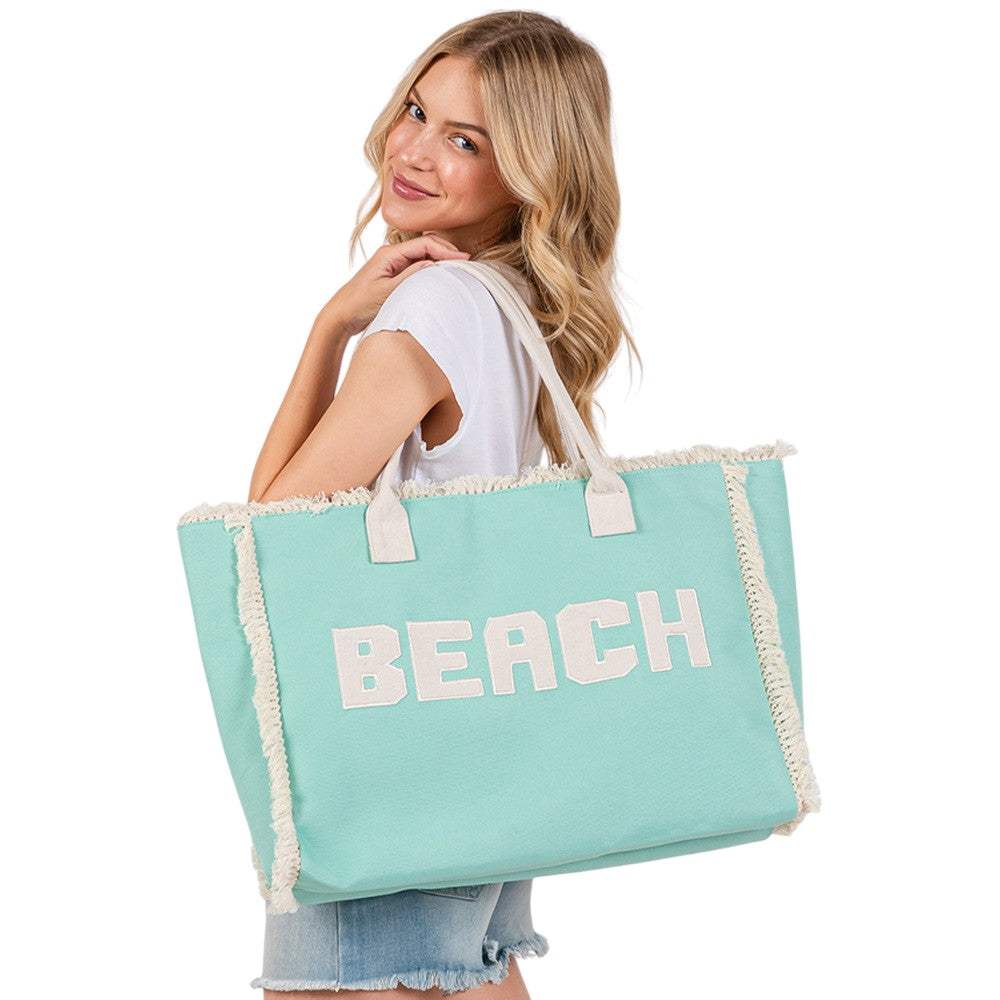BEACH Message Embroidered Fringe Tote Bag / Beach Bag - Madeline Love - Flyclothing LLC