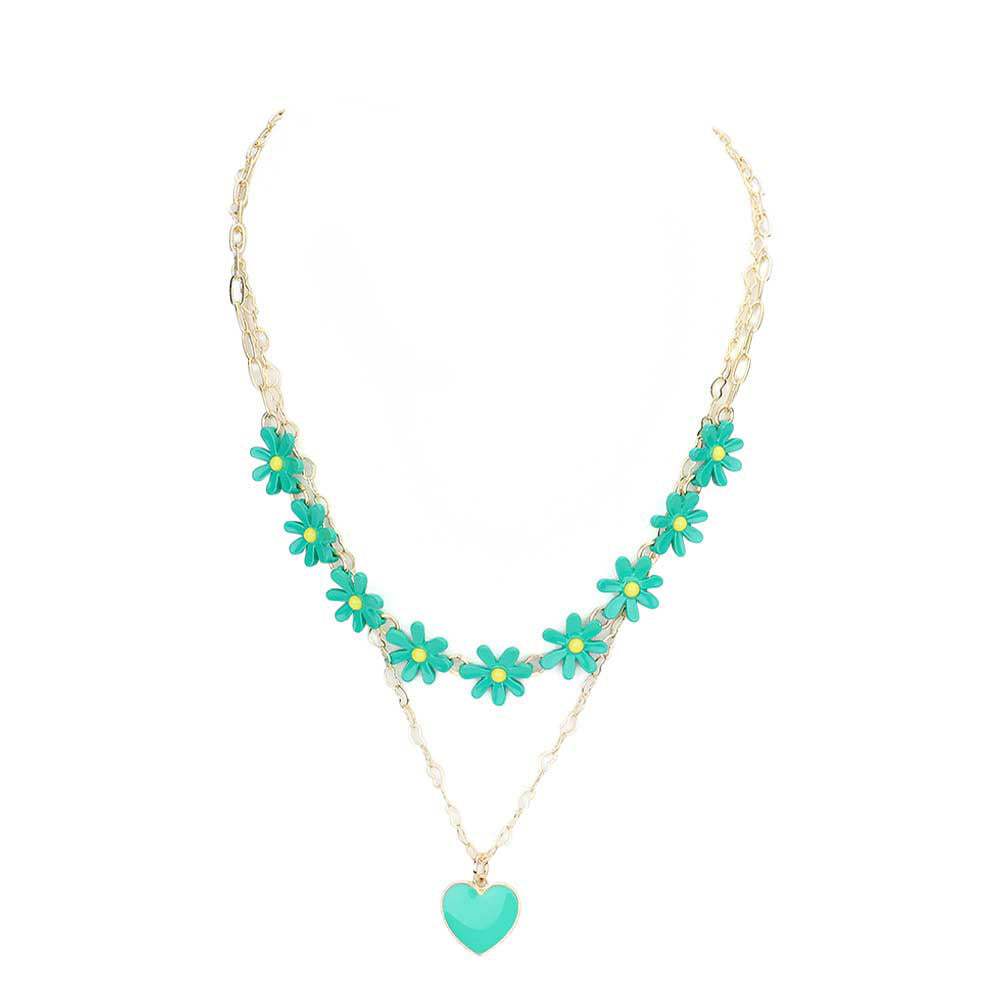 Enamel Heart Pendant Flower Link Double Layered Necklace - Madeline Love - Flyclothing LLC