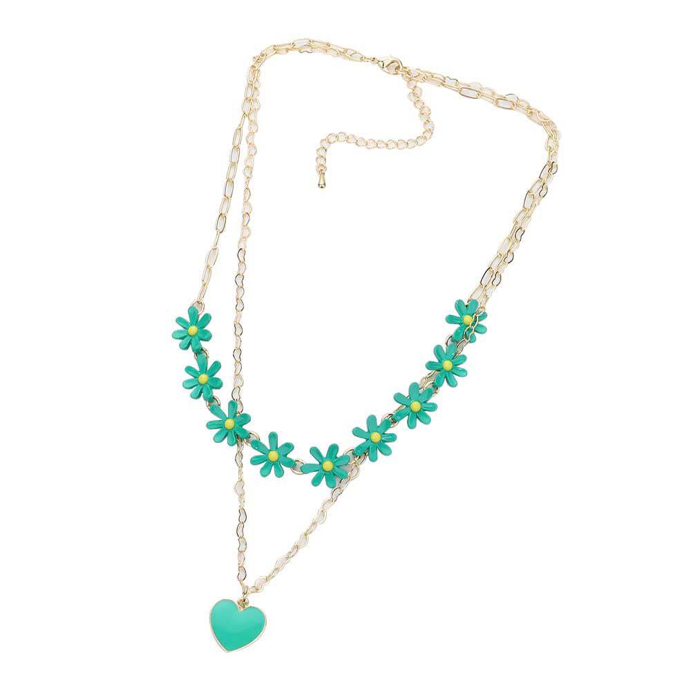 Enamel Heart Pendant Flower Link Double Layered Necklace - Madeline Love - Flyclothing LLC