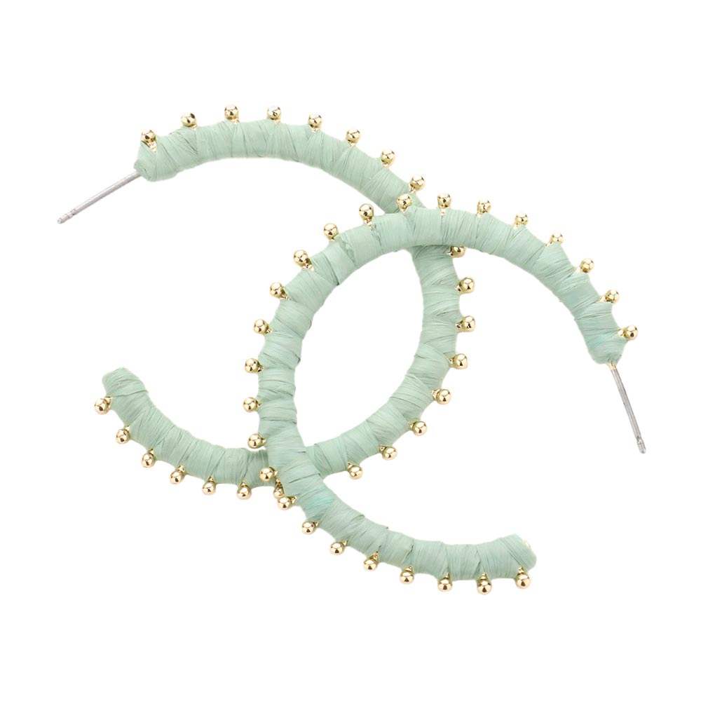 Metal Ball Trimmed Raffia Wrapped Hoop Earrings - Madeline Love - Flyclothing LLC