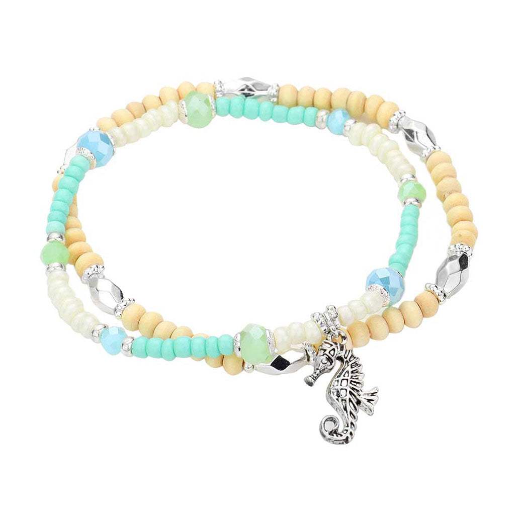 2PCS - Seahorse Charm Wood Seed Beaded Stretch Bracelets - Madeline Love - Flyclothing LLC