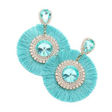 Teardrop Round Stone Accented Tassel Fringe Dangle Earrings - Madeline Love - Flyclothing LLC
