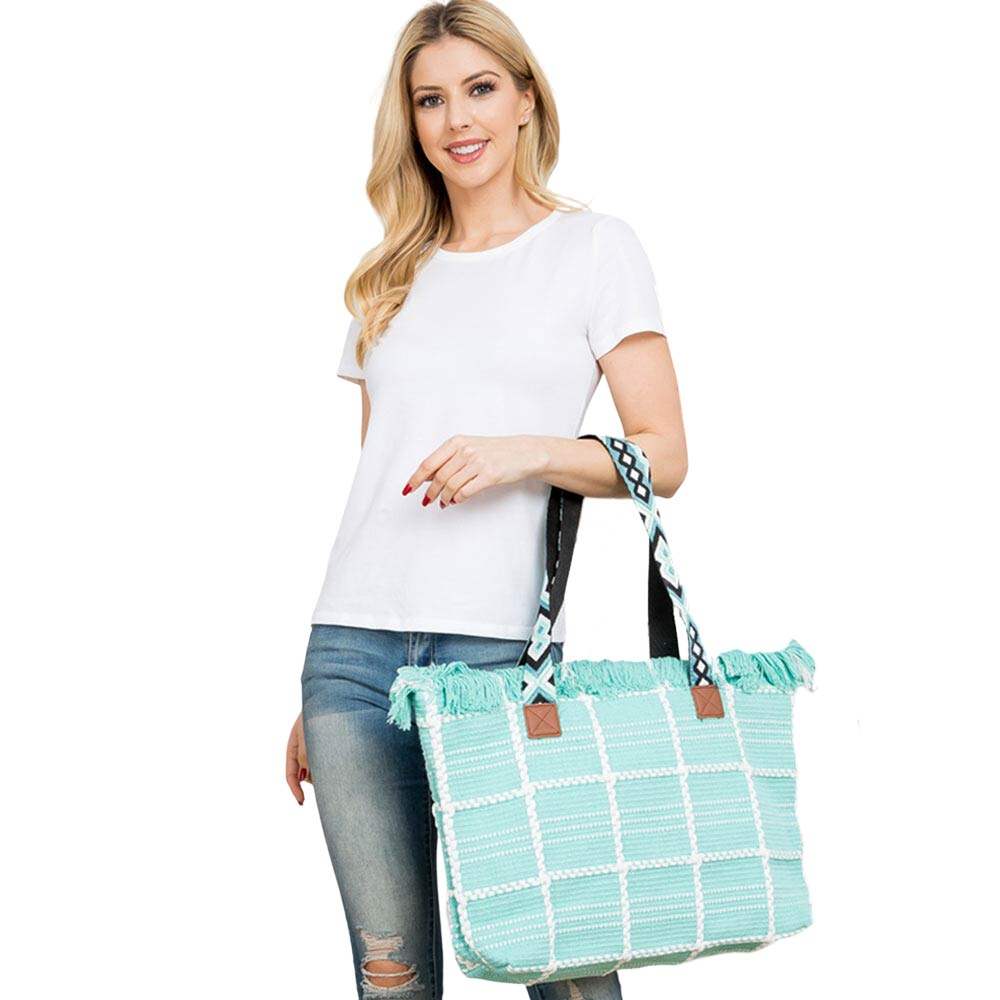 Top Fringe Pointed Check Patterned Tote Bag - Madeline Love - Flyclothing LLC