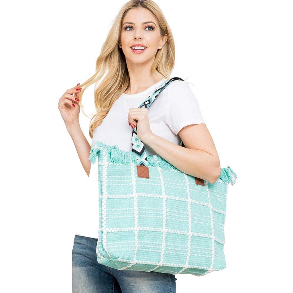 Top Fringe Pointed Check Patterned Tote Bag - Madeline Love - Flyclothing LLC