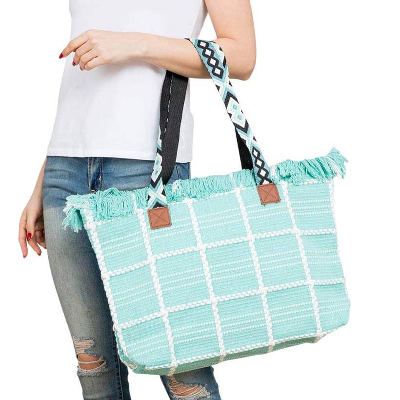 Top Fringe Pointed Check Patterned Tote Bag - Madeline Love - Flyclothing LLC