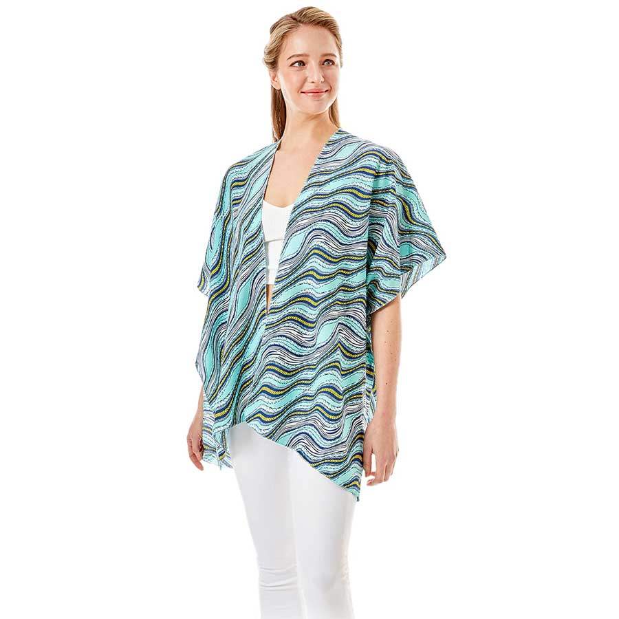 Wavy Printed Lurex Cover Up Poncho Kimono Poncho - Madeline Love - Flyclothing LLC