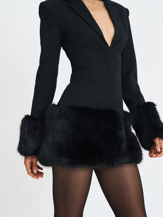 Wenona Black Fur Trimmed V-Neck Mini Blazer Dress - Miss Circle - Flyclothing LLC