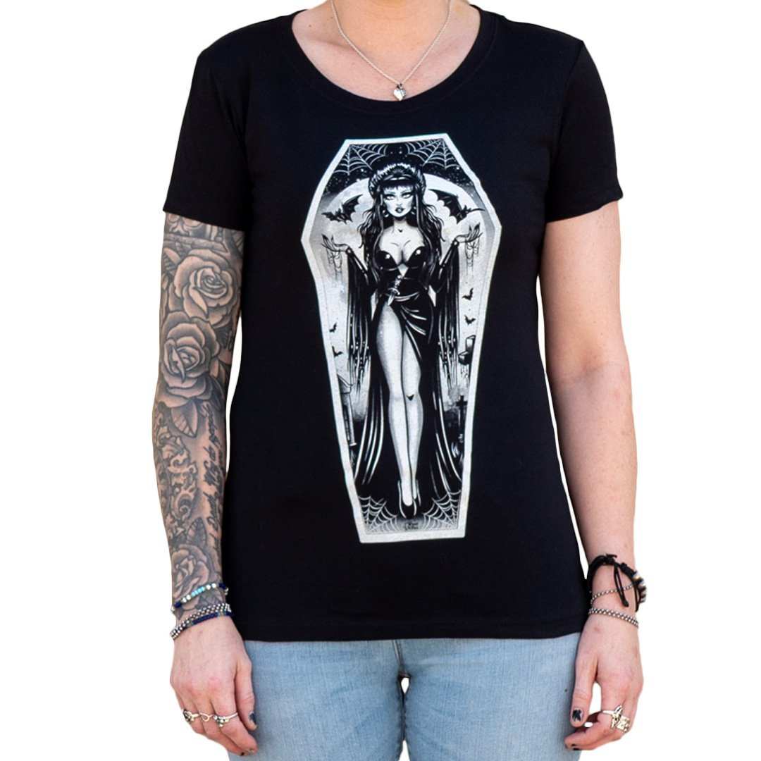 Black Market Art Company MISTRESS VIRA Women's Loose Neck T-Shirt| Goth tee| Elvira TShirt - Black Market Art Company - Flyclothing LLC