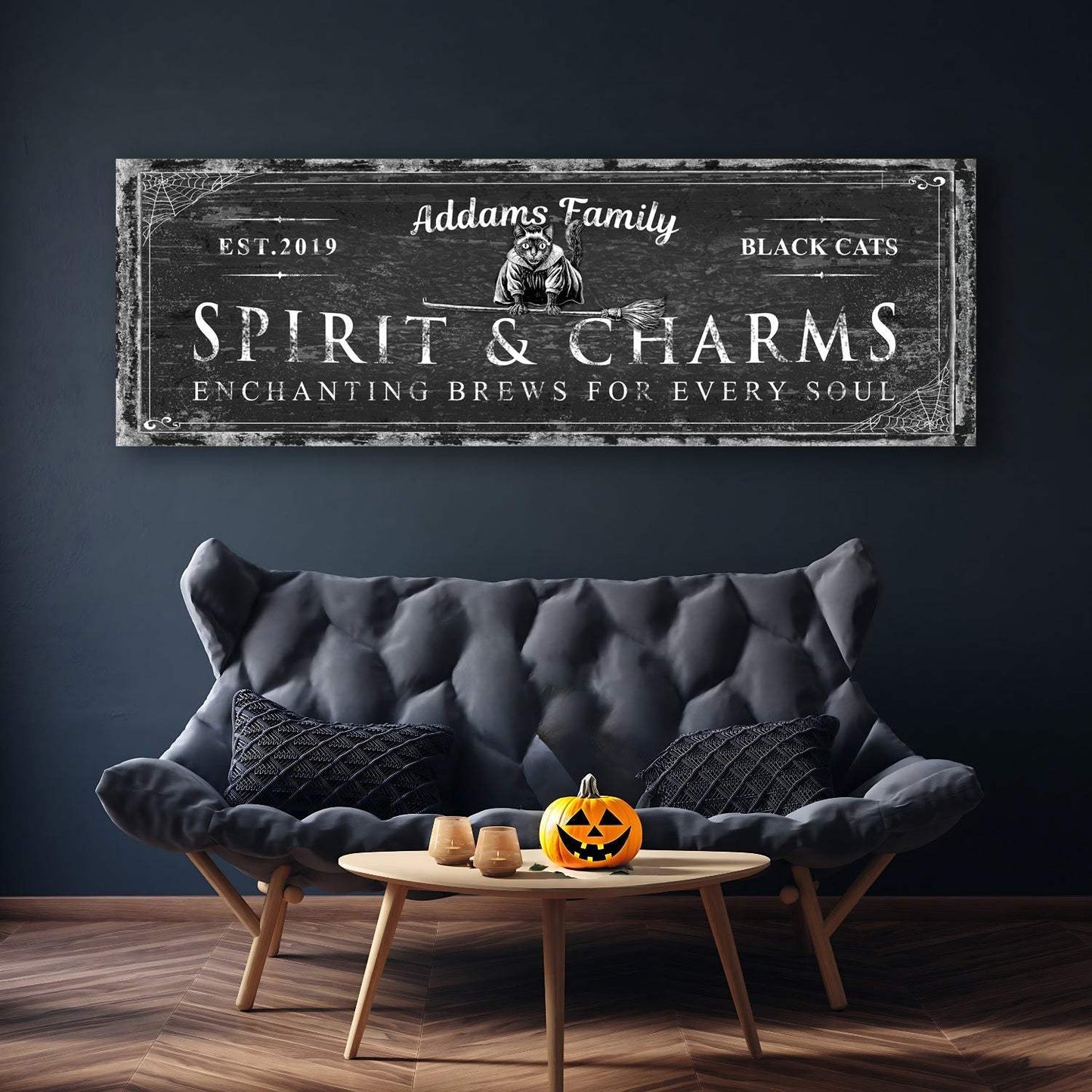Black Cat’s Spirits & Charms Bar Halloween Sign - Tailored Canvases - Flyclothing LLC