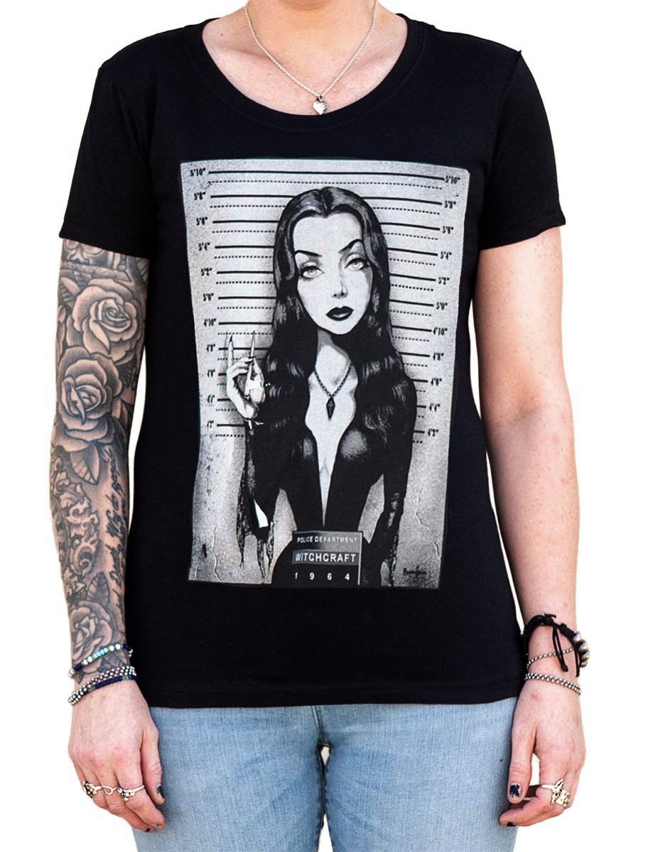 Black Market Art Company MORTICIA Women's Loose Neck T-Shirt| Morticia Addams Family Mugshot TShirt