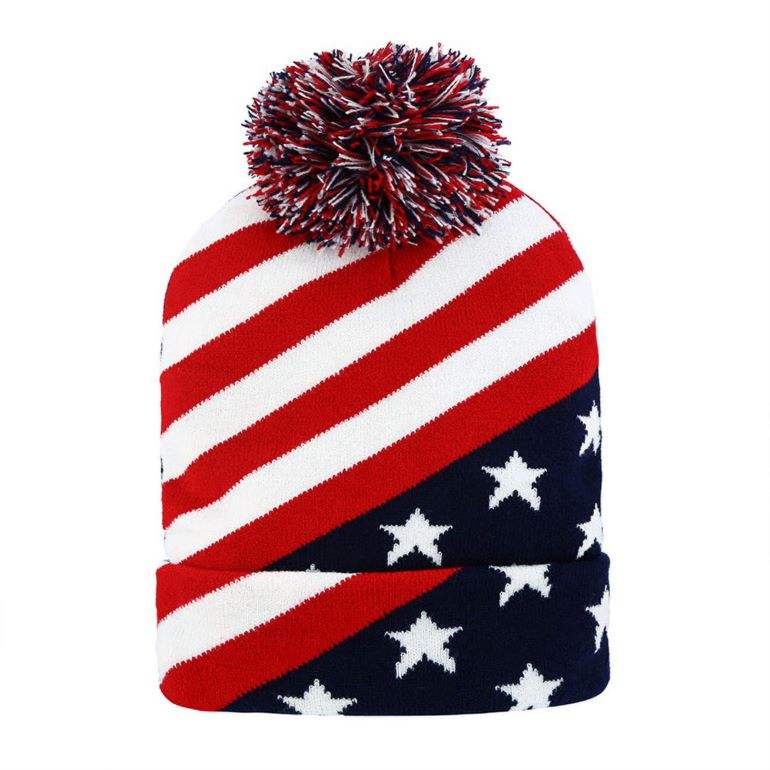 America USA Diagonal Flag Pom Pom Winter Beanie Hat - Madeline Love - Flyclothing LLC
