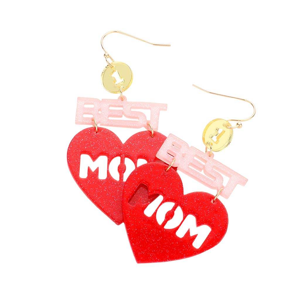 Best Mom Glittered Resin Heart Message Dangle Earrings - Madeline Love - Flyclothing LLC