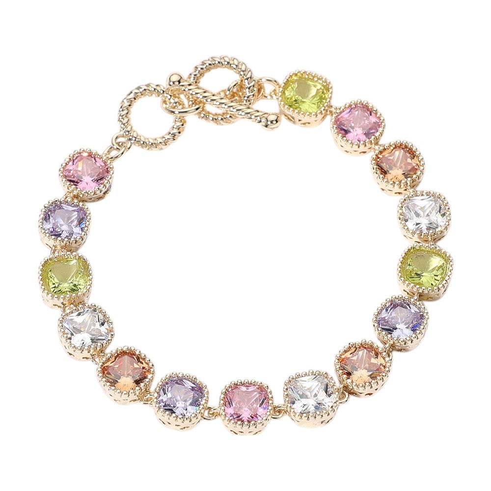 14K Gold Plated Square CZ Stone Link Evening Toggle Bracelet - Madeline Love - Flyclothing LLC